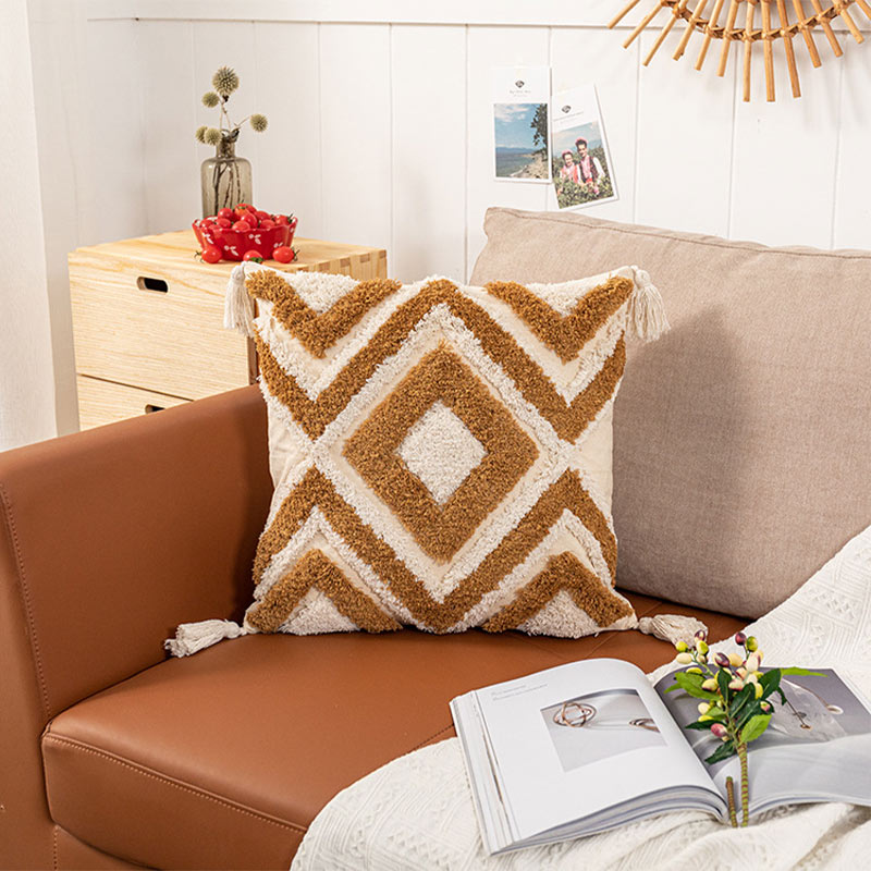 Morocco Jacquard Pillow Cover | Cotton with Tassels | Neutral Color