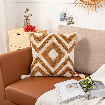Morocco Jacquard Pillow Cover | Cotton with Tassels | Neutral Color