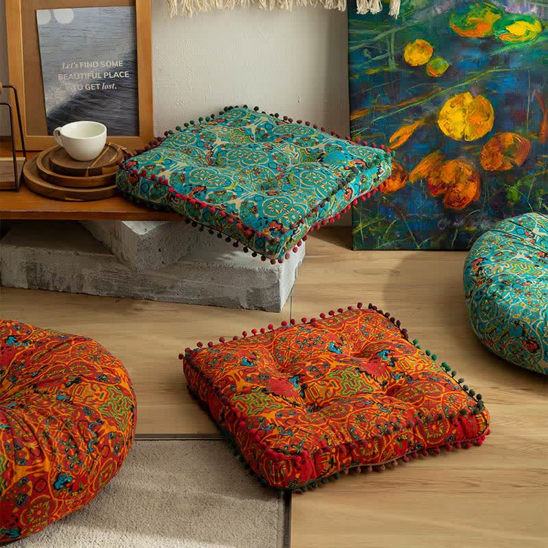 Bohemian Floor Cushion | Cotton & Polypropylene | Square 16" or Round 21"