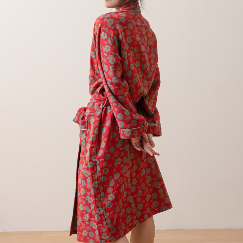 Cotton Bathrobe | Double-Layer Soft Fabric | Plum Blossom Pattern