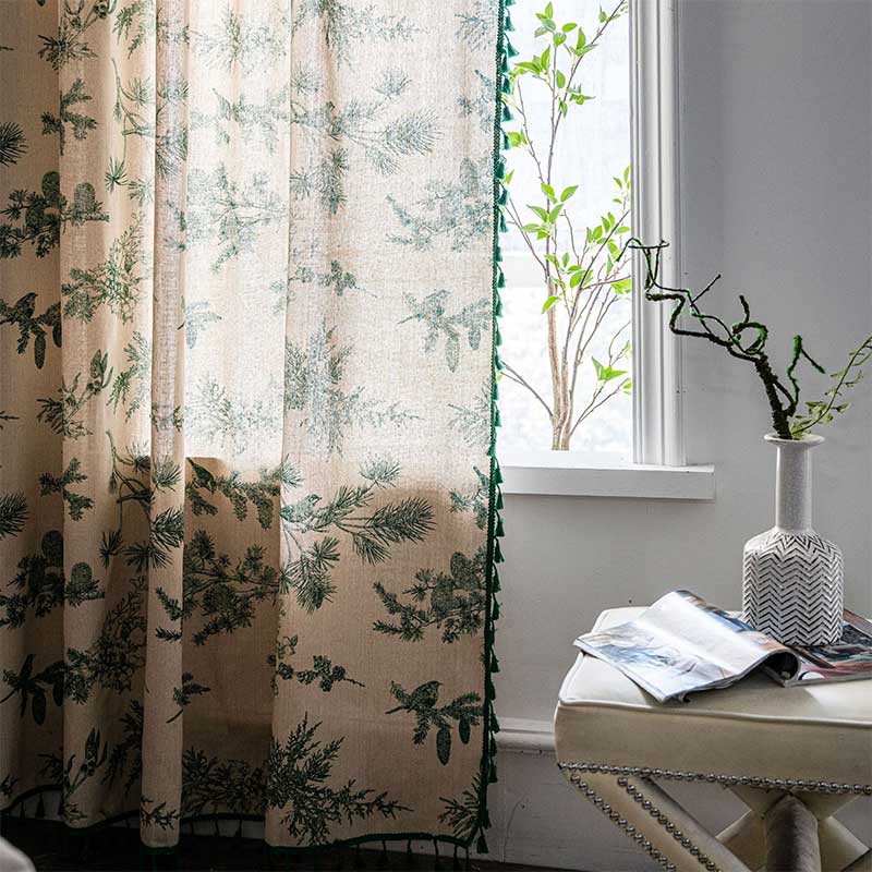 Green Pine Bird Pattern Curtain | Cotton Blend Fabric | Semi-Blackout Design