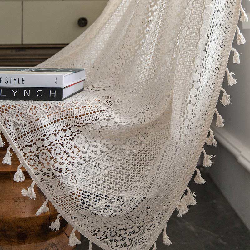 Cotton Beige Bohemian Curtain | Hollow-Out Tassel Design | 1 Piece