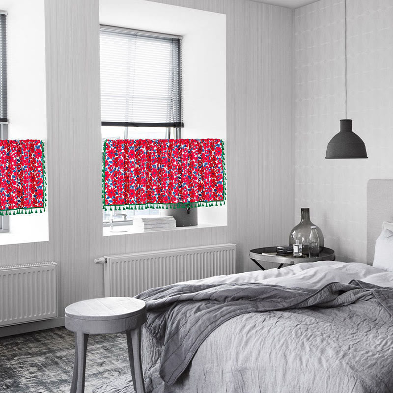 Red Flower Print Tier Curtain | Cotton Linen | 59"W x 17"L, 23"L, or 36"L
