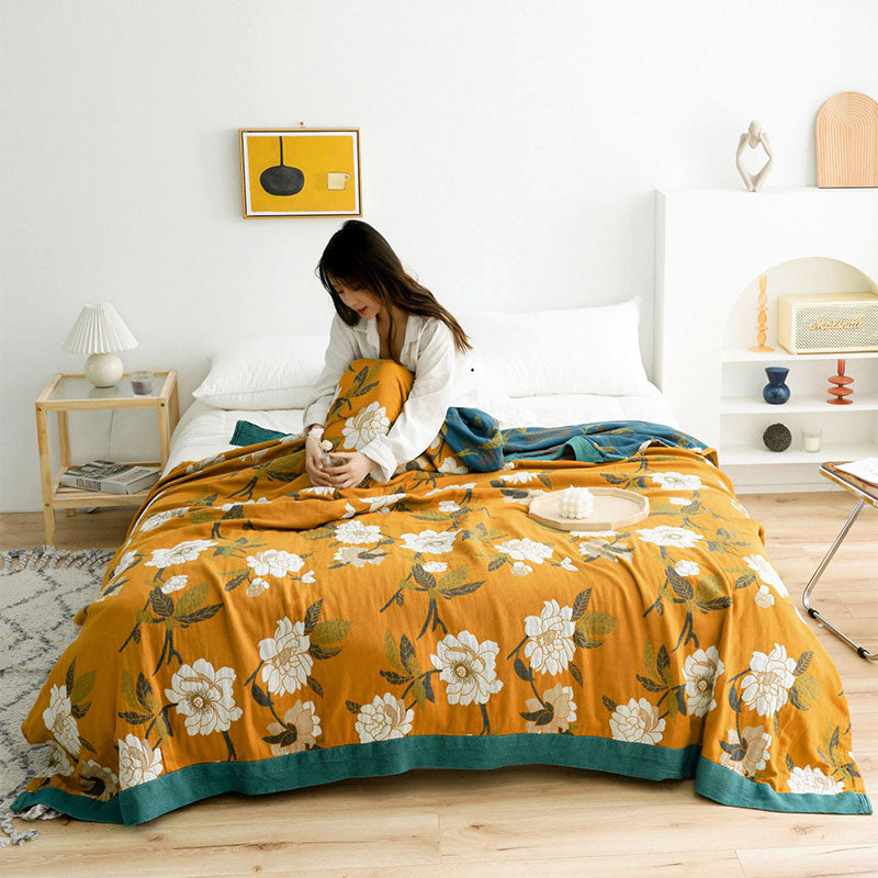 Boho Yellow Flower Cotton Quilt | Reversible Design | Available in Full, Queen, King Sizes