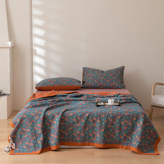 Ginkgo Leaf Pattern Cotton Quilt | Reversible Design | Full/Queen/King Options
