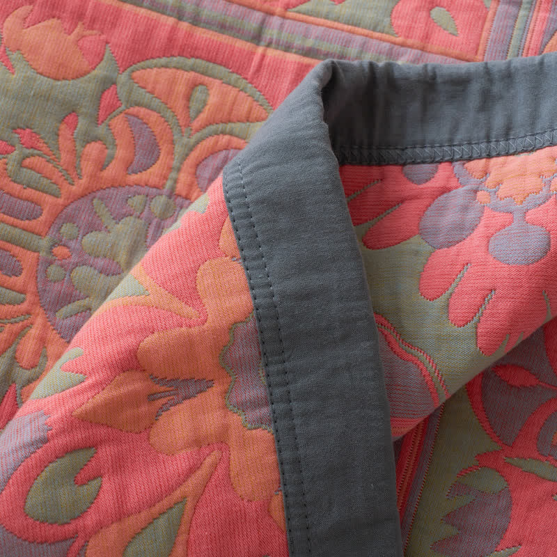 Jacquard Floral Cotton Quilt | 100% Organic Cotton | Reversible Design with Pillow Towels