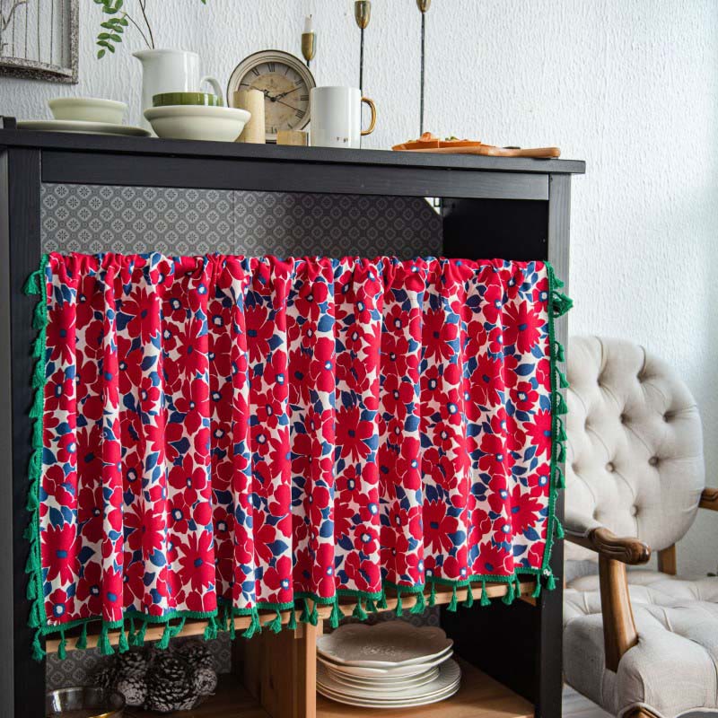 Red Flower Print Tier Curtain | Cotton Linen | 59"W x 17"L, 23"L, or 36"L