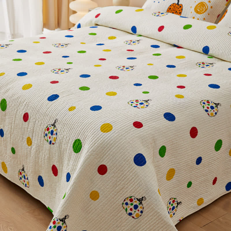 Quilted Cotton Bedding Set | Polka Dot & Pumpkin Design | Queen/King Size