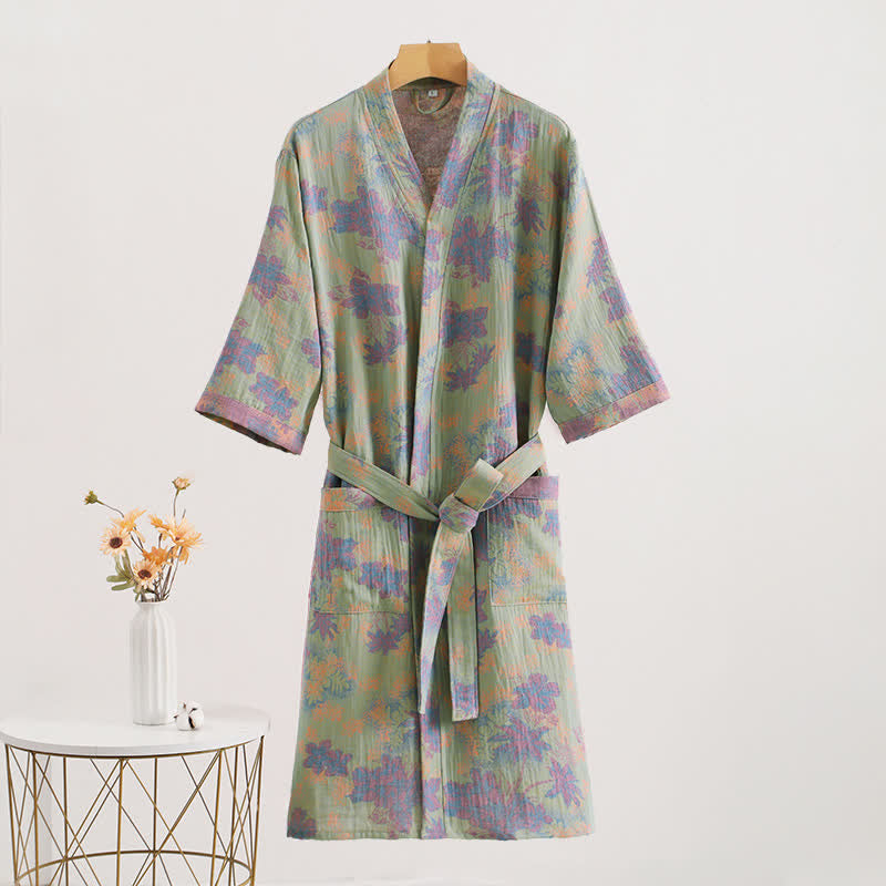 Cotton Gauze Floral Kimono Robe | Lightweight Breathable Fabric | One Size