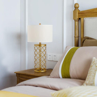 Openwork Table Lamp | Gold Metal Base | Satin Lampshade