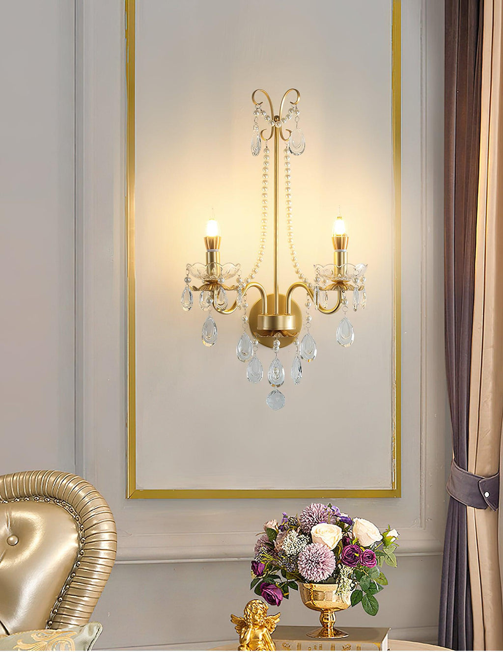 Crystal Wall Lamp | Pearl Chain | Gold