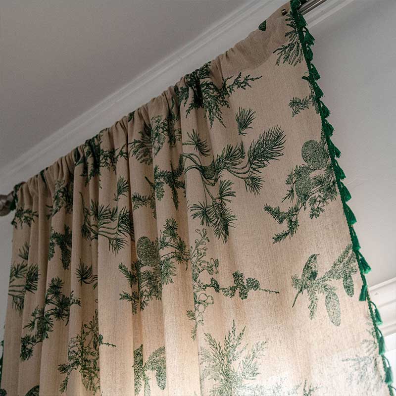 Green Pine Bird Pattern Curtain | Cotton Blend Fabric | Semi-Blackout Design