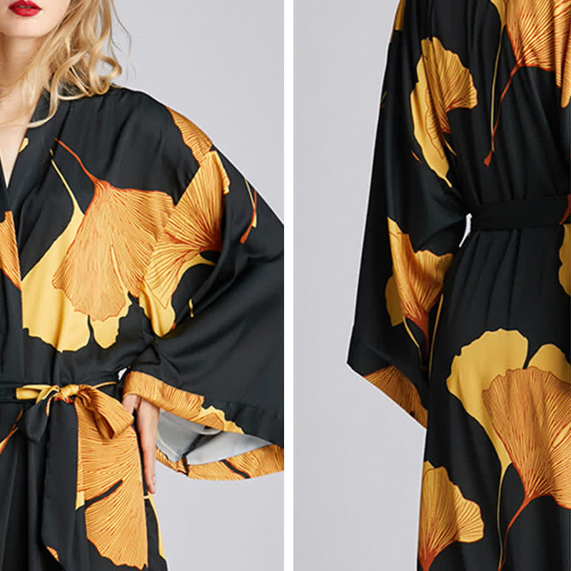 Ginkgo Leaf Bathrobe | Lightweight Polyester | Black and Gold