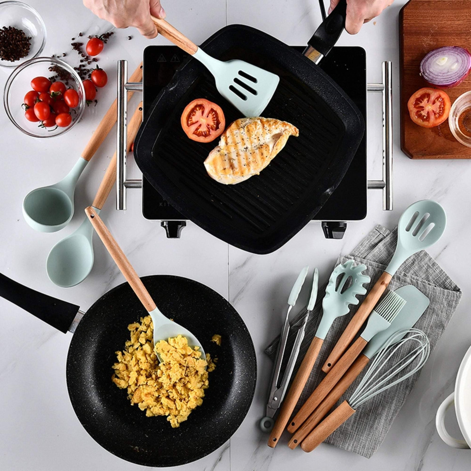 Silicone Kitchen Utensils Set | Silicone & Wood | 12 pcs