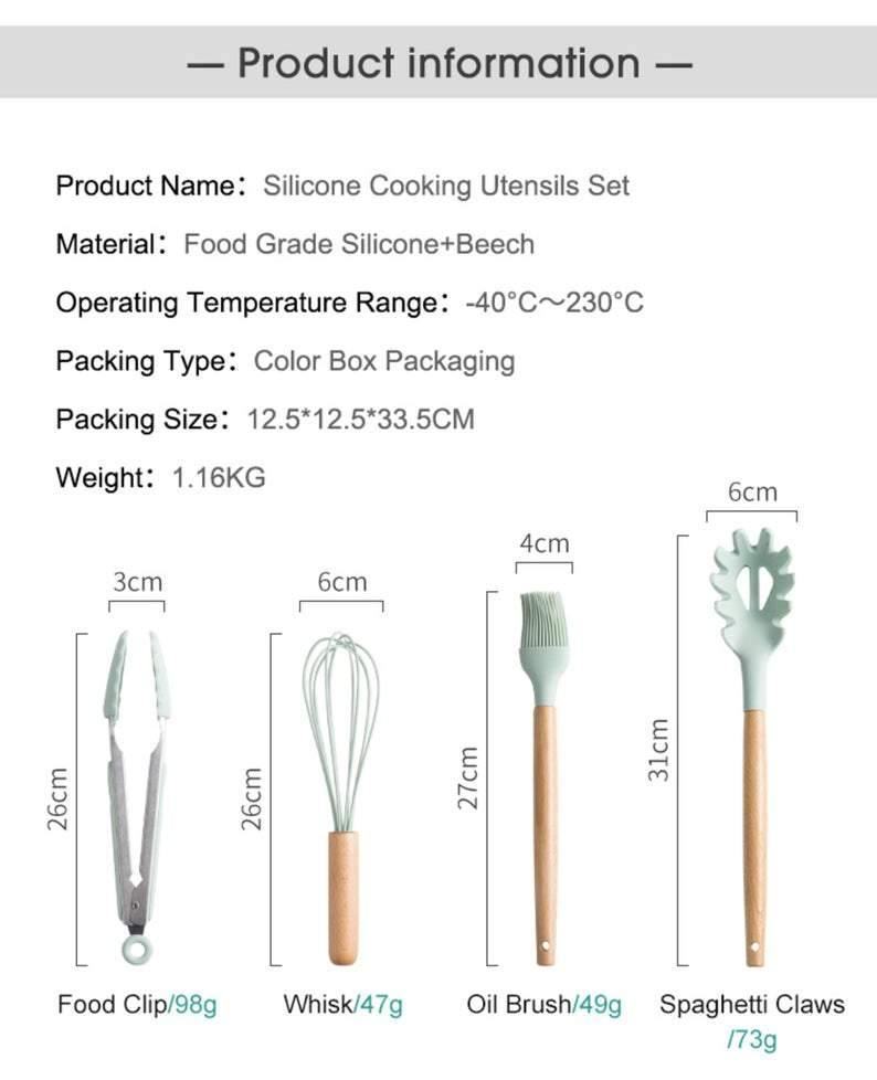 Silicone Kitchen Utensils Set | Silicone & Wood | 12 pcs