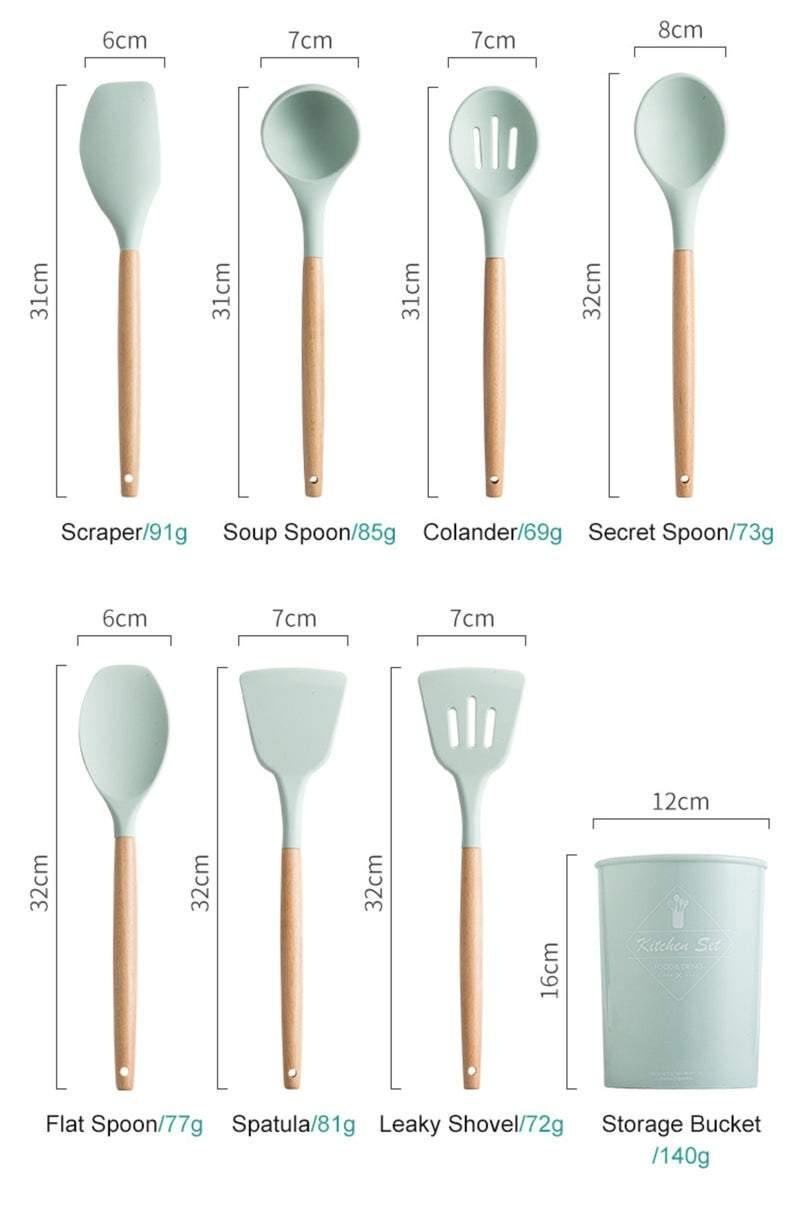 Silicone Kitchen Utensils Set | Silicone & Wood | 12 pcs