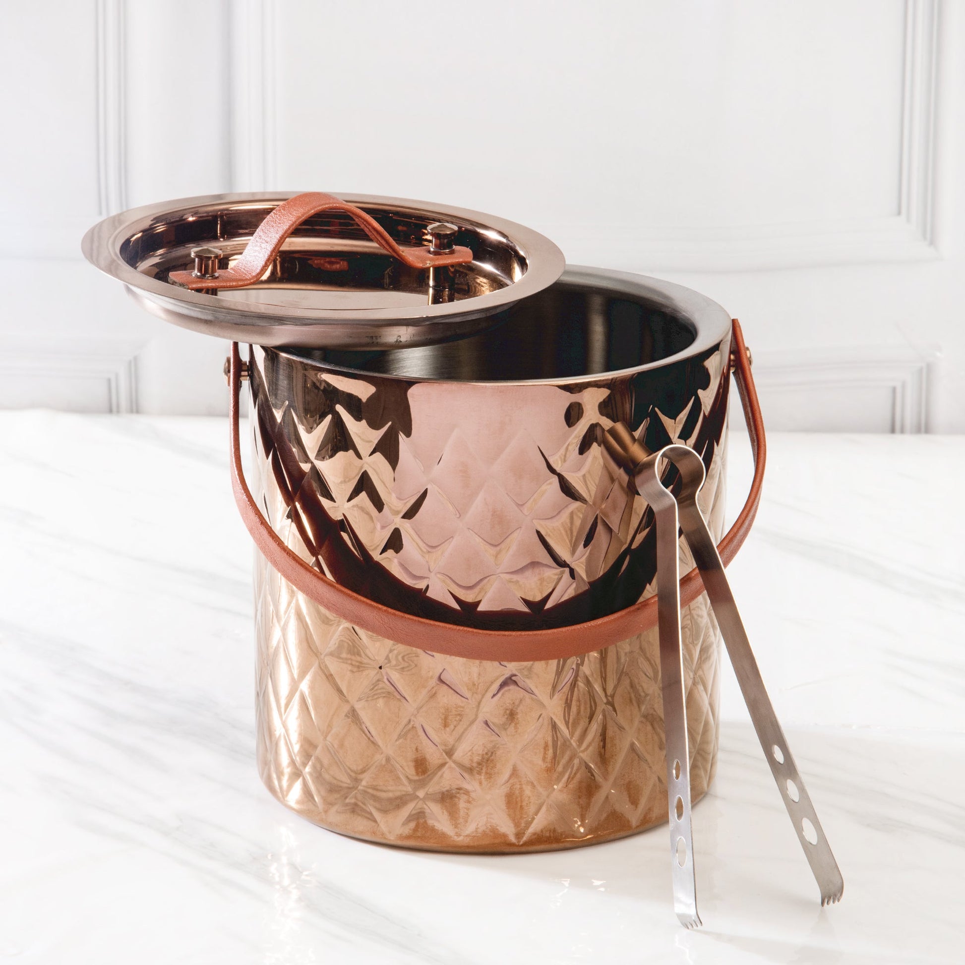 Ice Bucket with Tong | Leather Handle | Silver, Gold & Rose Gold