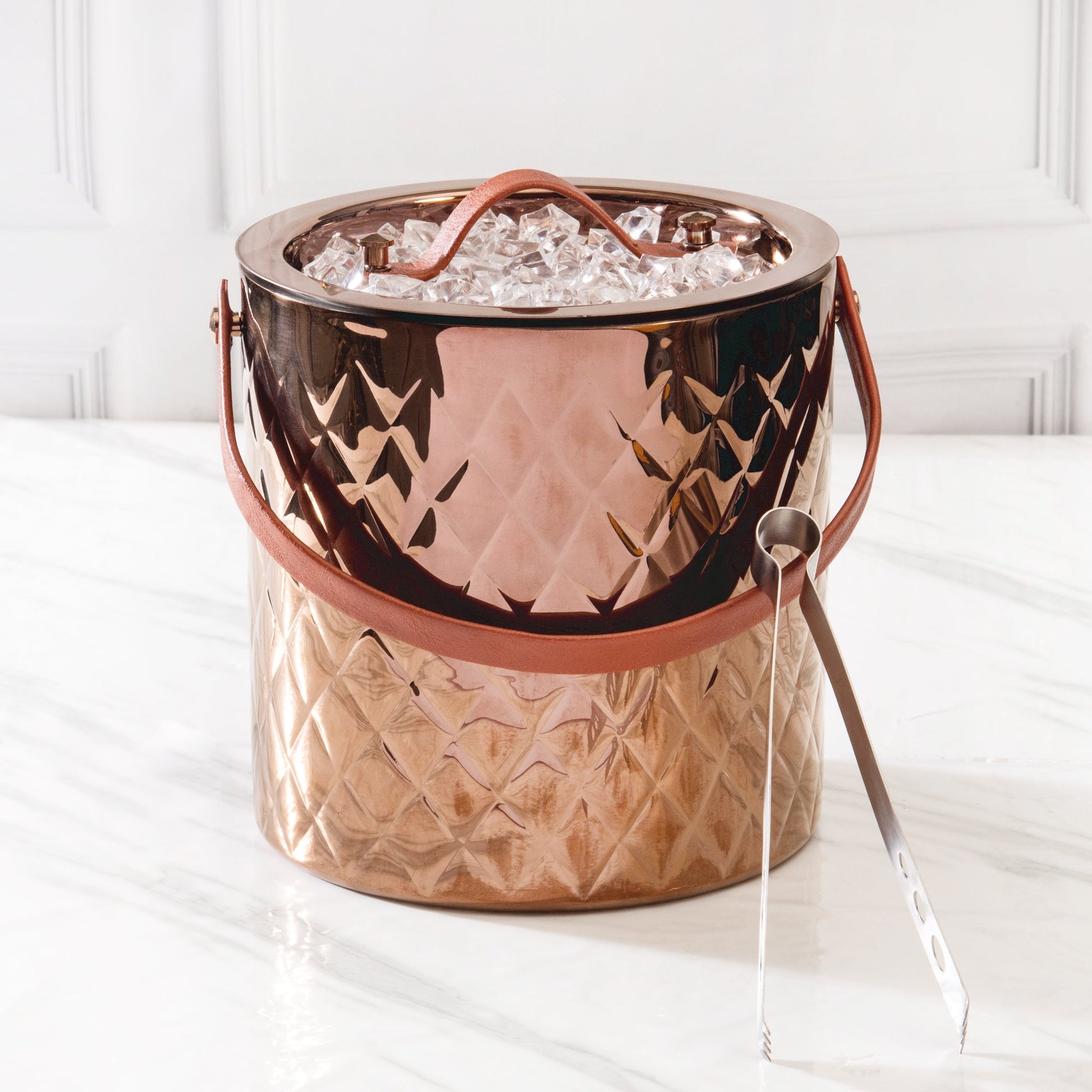 Ice Bucket with Tong | Leather Handle | Silver, Gold & Rose Gold
