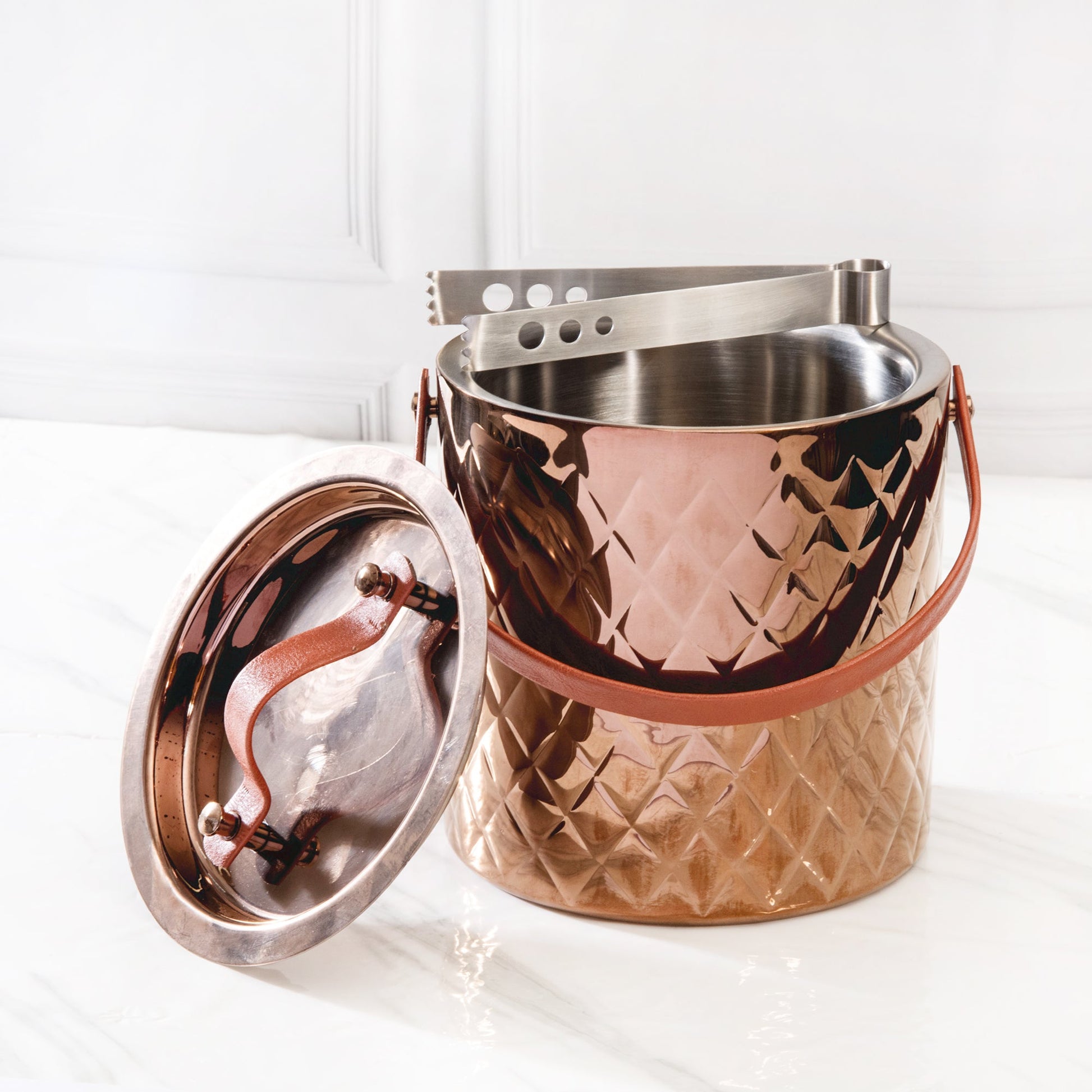 Ice Bucket with Tong | Leather Handle | Silver, Gold & Rose Gold