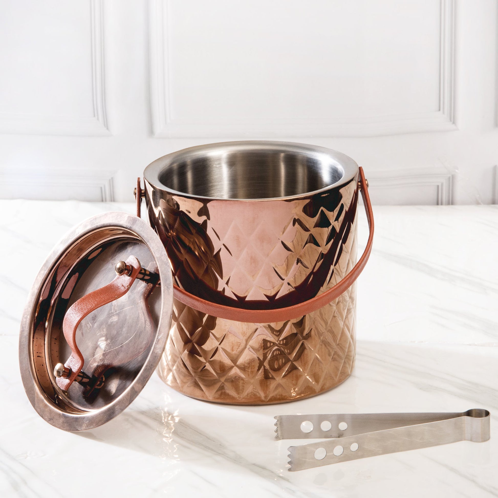 Ice Bucket with Tong | Leather Handle | Silver, Gold & Rose Gold