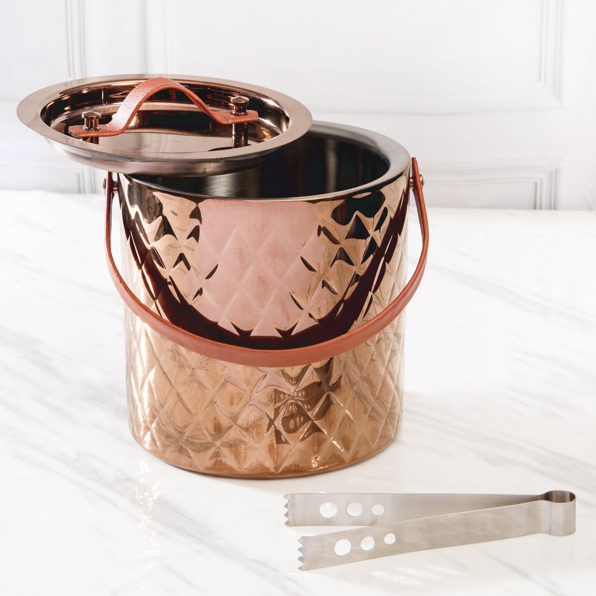Ice Bucket with Tong | Leather Handle | Silver, Gold & Rose Gold