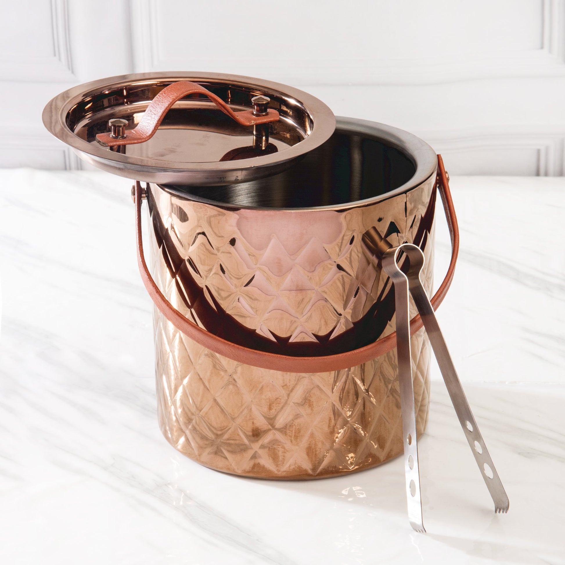Ice Bucket with Tong | Leather Handle | Silver, Gold & Rose Gold