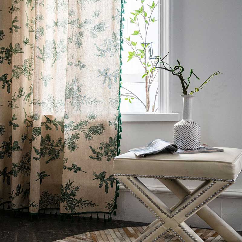 Green Pine Bird Pattern Curtain | Cotton Blend Fabric | Semi-Blackout Design