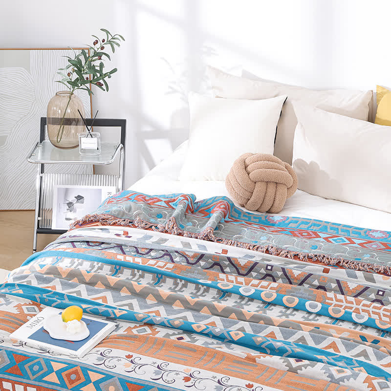 Cotton Geometric Tassel Quilt | Eco-Friendly Reactive Print | Queen Size