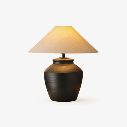 Ceramic Table Lamp | Matte Black with Beige Shade | 50cm Diameter