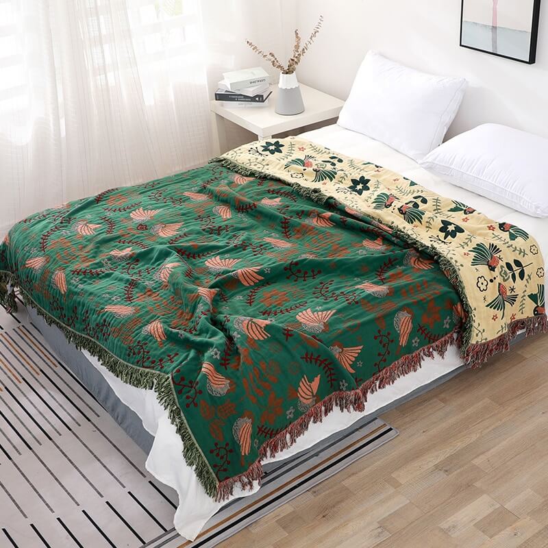 Boho Reversible Blanket | 100% Cotton | Floral and Bird Patterns