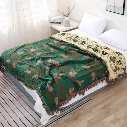 Boho Reversible Blanket | 100% Cotton | Floral and Bird Patterns