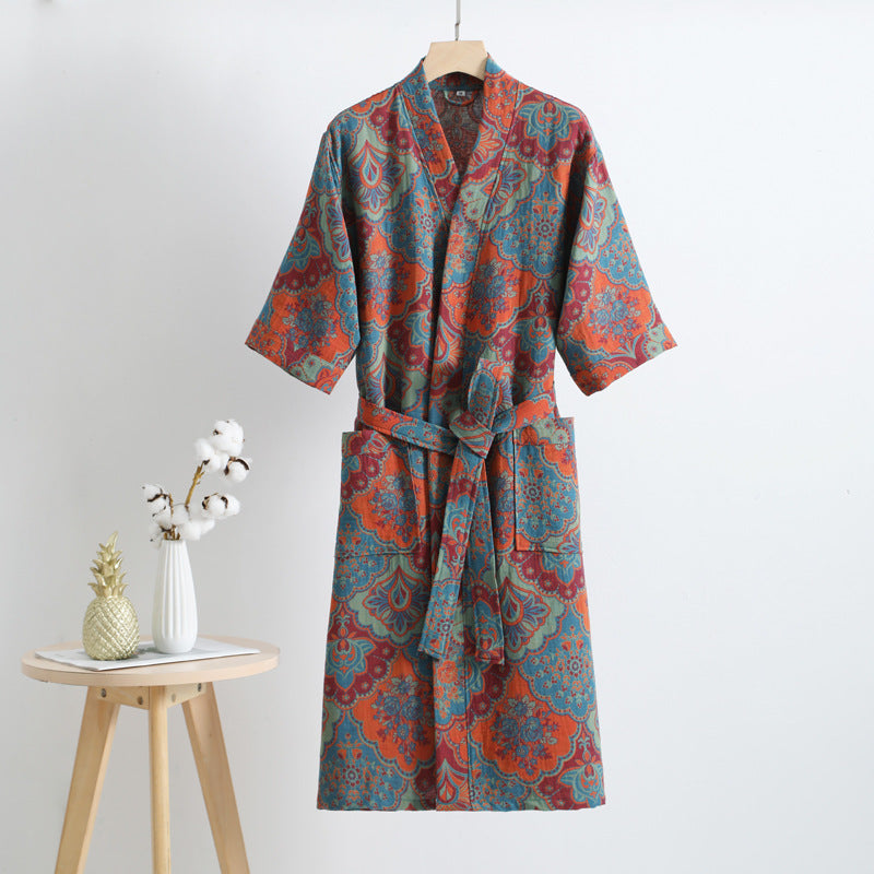 Cotton Gauze Bathrobe | Retro Print | Short Sleeve