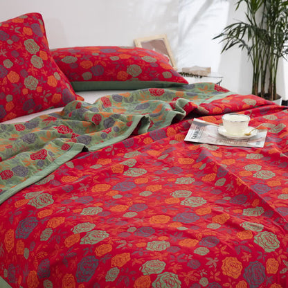 Elegant Rose Cotton Gauze Quilt Set | 100% Organic Cotton | Includes 1 Quilt + 2 Pillowcases