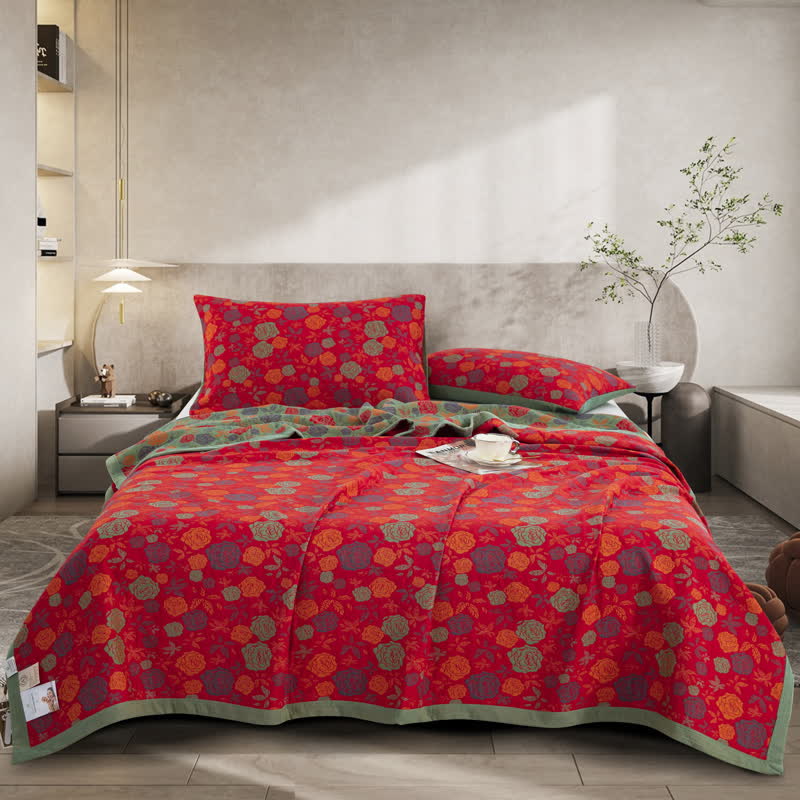 Elegant Rose Cotton Gauze Quilt Set | 100% Organic Cotton | Includes 1 Quilt + 2 Pillowcases