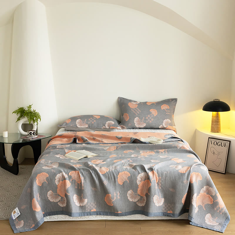 Ginkgo Leaf Quilt | 100% Organic Cotton | Reversible, Three Layers