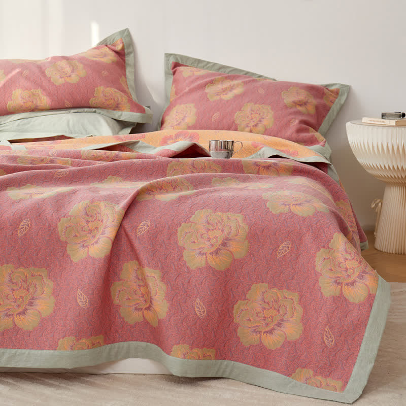 Cotton Gauze Quilt | Exquisite Peony Prints | Queen Size with Pillowcases
