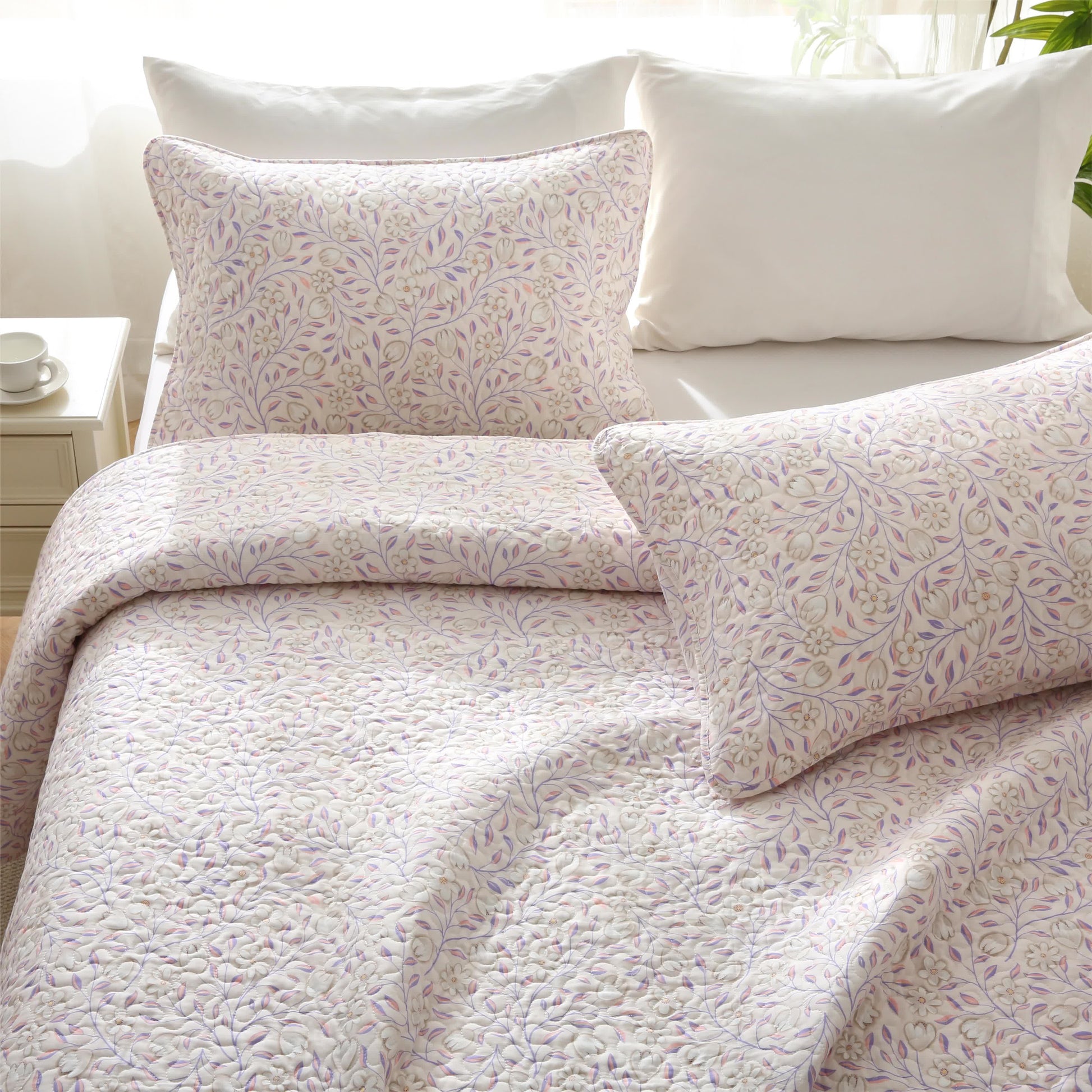 Cotton Floral Quilted Bedding Set | 100% Eco-Friendly Cotton | Includes Quilt & Pillowcases