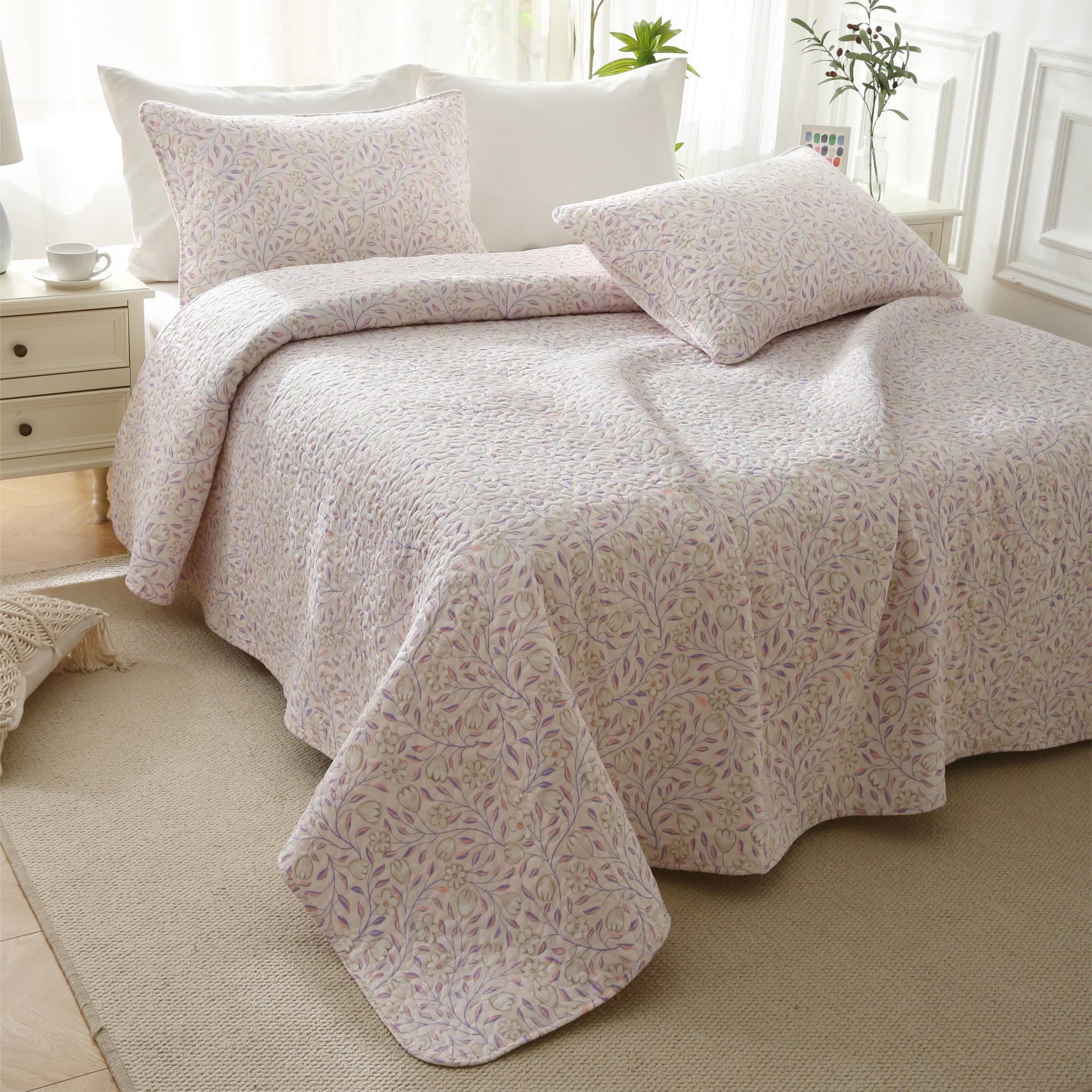 Cotton Floral Quilted Bedding Set | 100% Eco-Friendly Cotton | Includes Quilt & Pillowcases