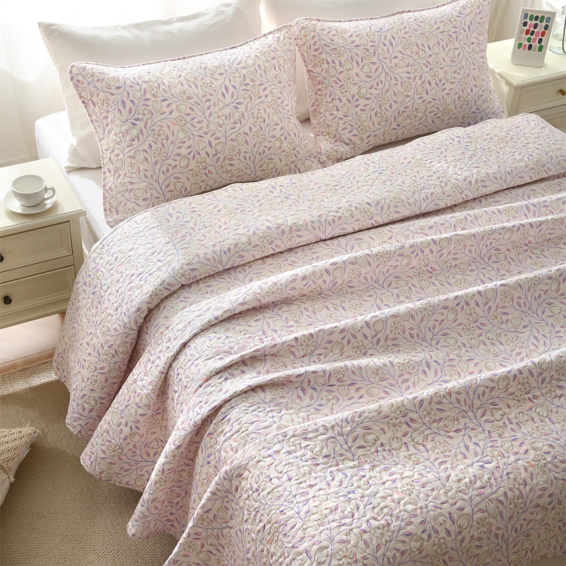 Cotton Floral Quilted Bedding Set | 100% Eco-Friendly Cotton | Includes Quilt & Pillowcases