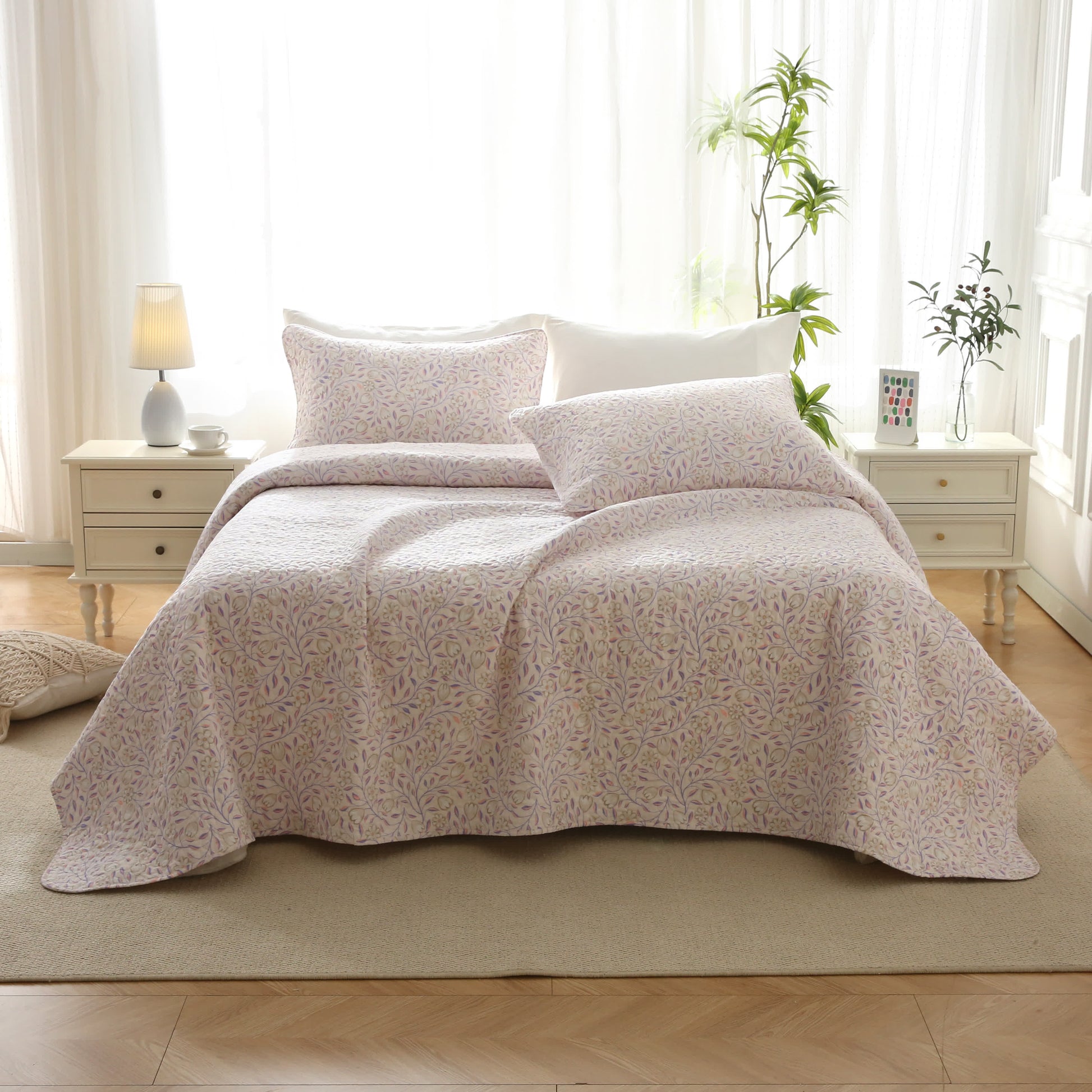 Cotton Floral Quilted Bedding Set | 100% Eco-Friendly Cotton | Includes Quilt & Pillowcases