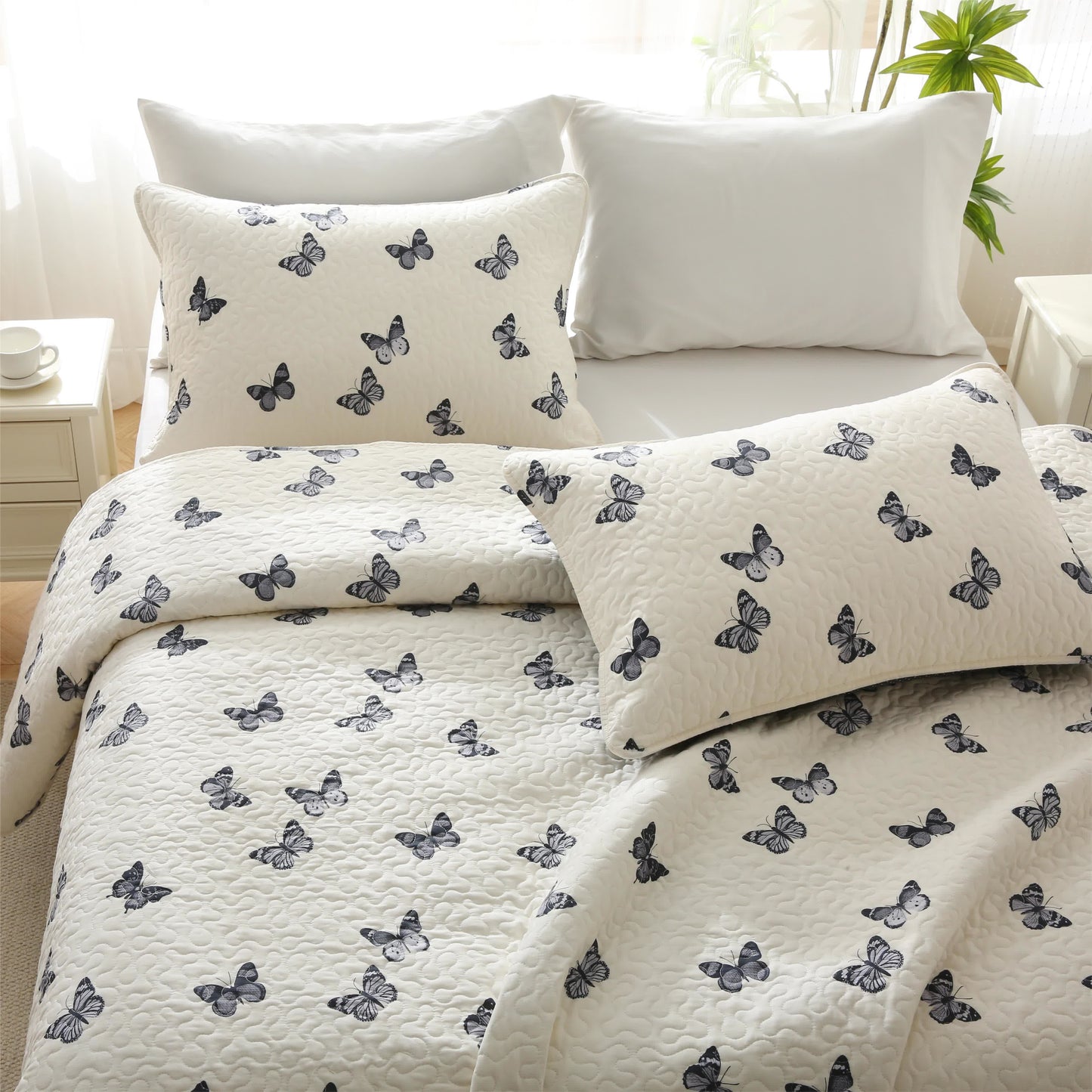 Cotton Quilted Bedding Set | Butterfly Print | Full/Queen/King Options