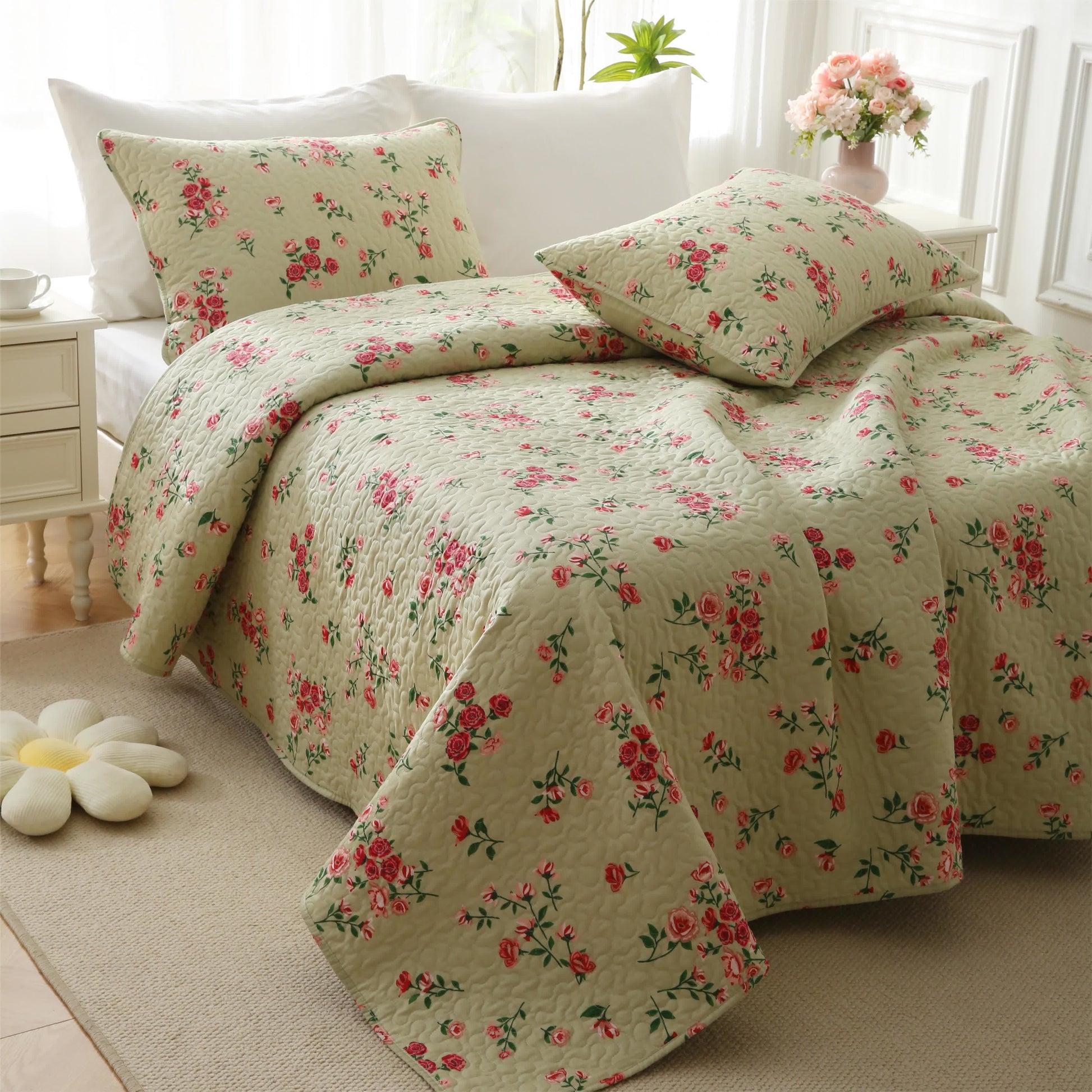 Rose Quilted Cotton Bedding Set | 100% Premium Cotton | Available in Full, Queen, King Sizes