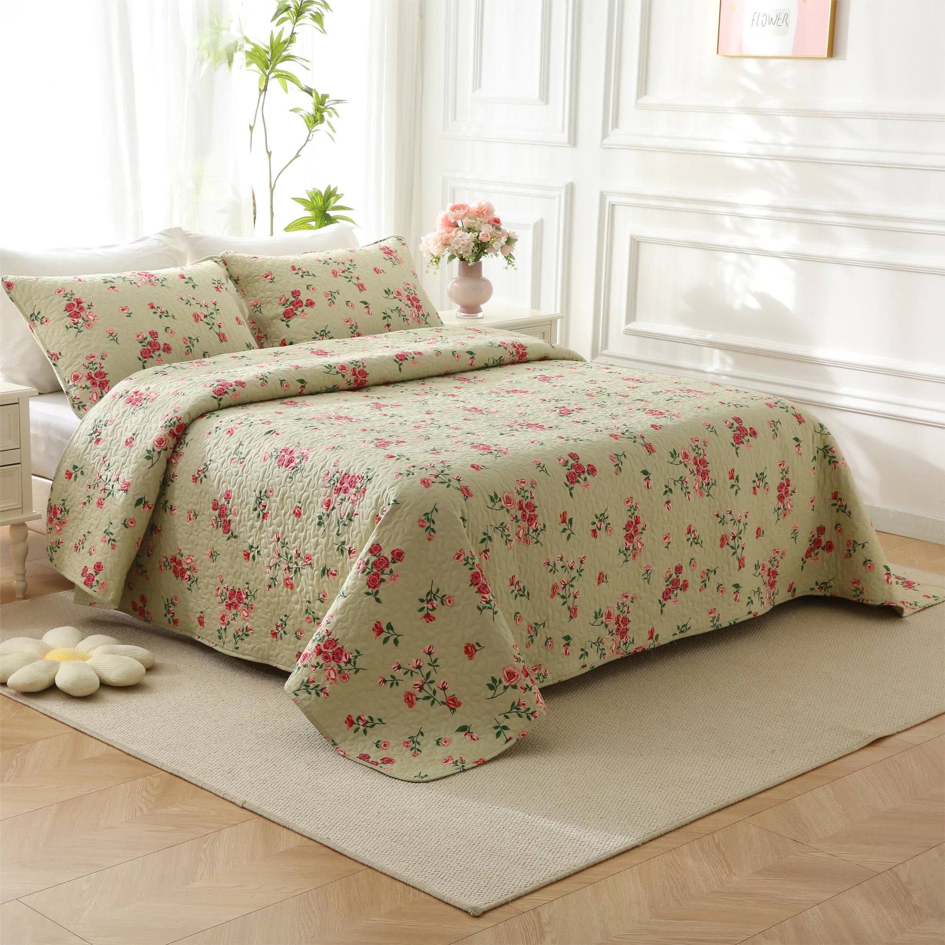 Rose Quilted Cotton Bedding Set | 100% Premium Cotton | Available in Full, Queen, King Sizes