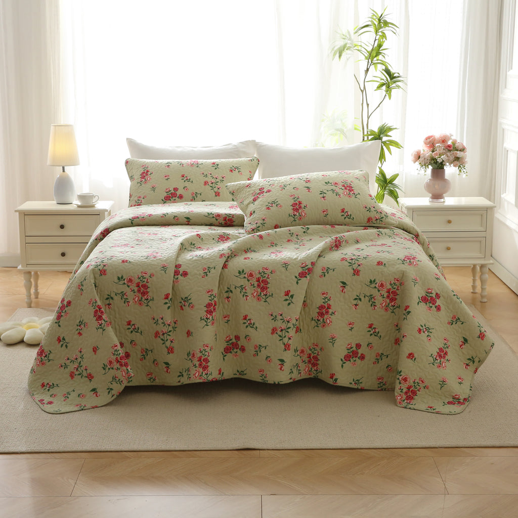 Rose Quilted Cotton Bedding Set | 100% Premium Cotton | Available in Full, Queen, King Sizes