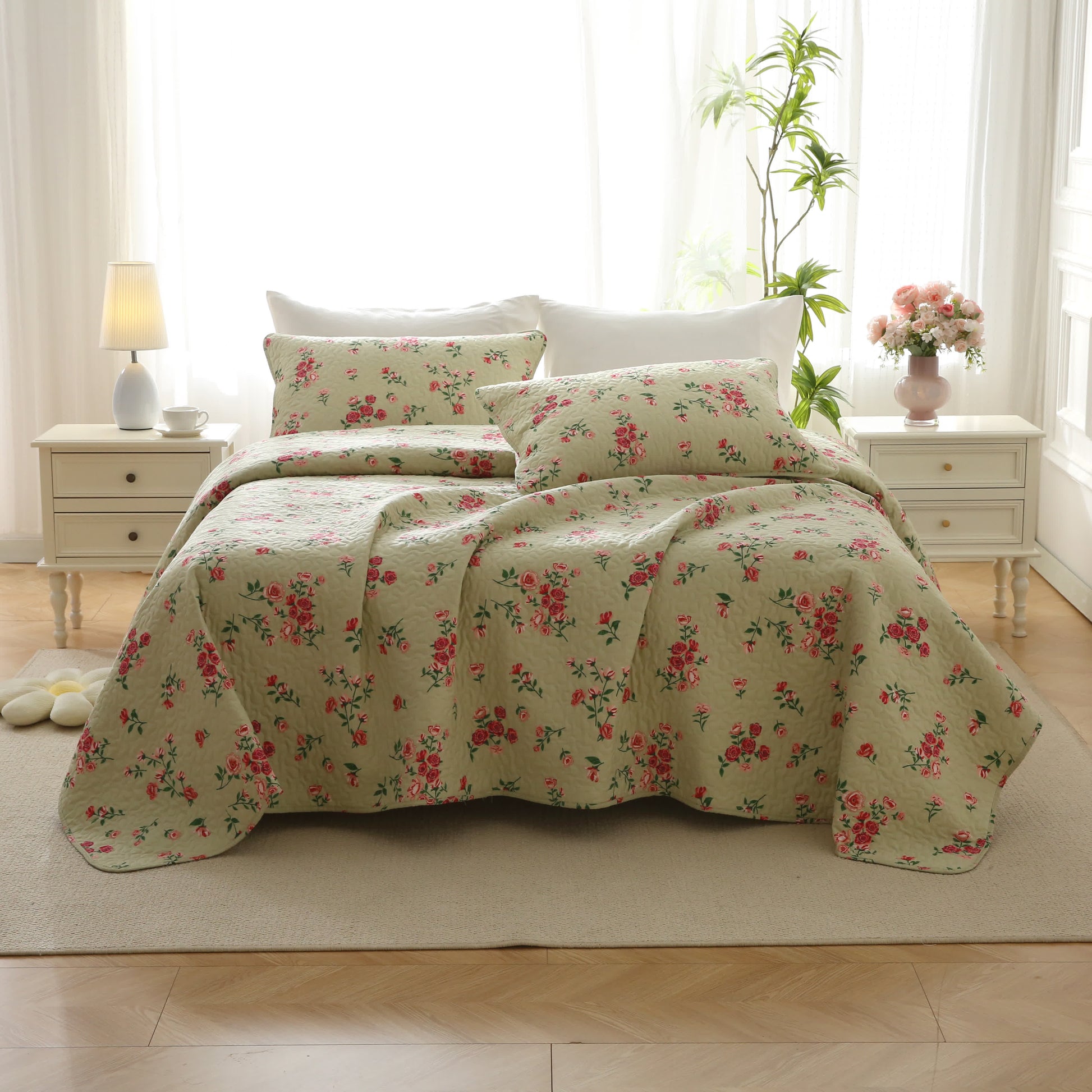 Rose Quilted Cotton Bedding Set | 100% Premium Cotton | Available in Full, Queen, King Sizes