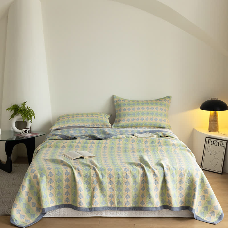 Cotton Gauze Summer Quilt | Refreshing Pine Design | Queen Size with Pillowcases