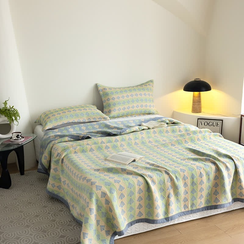 Cotton Gauze Summer Quilt | Refreshing Pine Design | Queen Size with Pillowcases