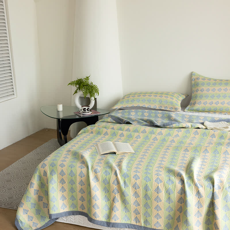 Cotton Gauze Summer Quilt | Refreshing Pine Design | Queen Size with Pillowcases