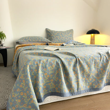 Cotton Floral Quilt Set | Soft Gauze | Includes 1 Quilt + 2 Pillowcases