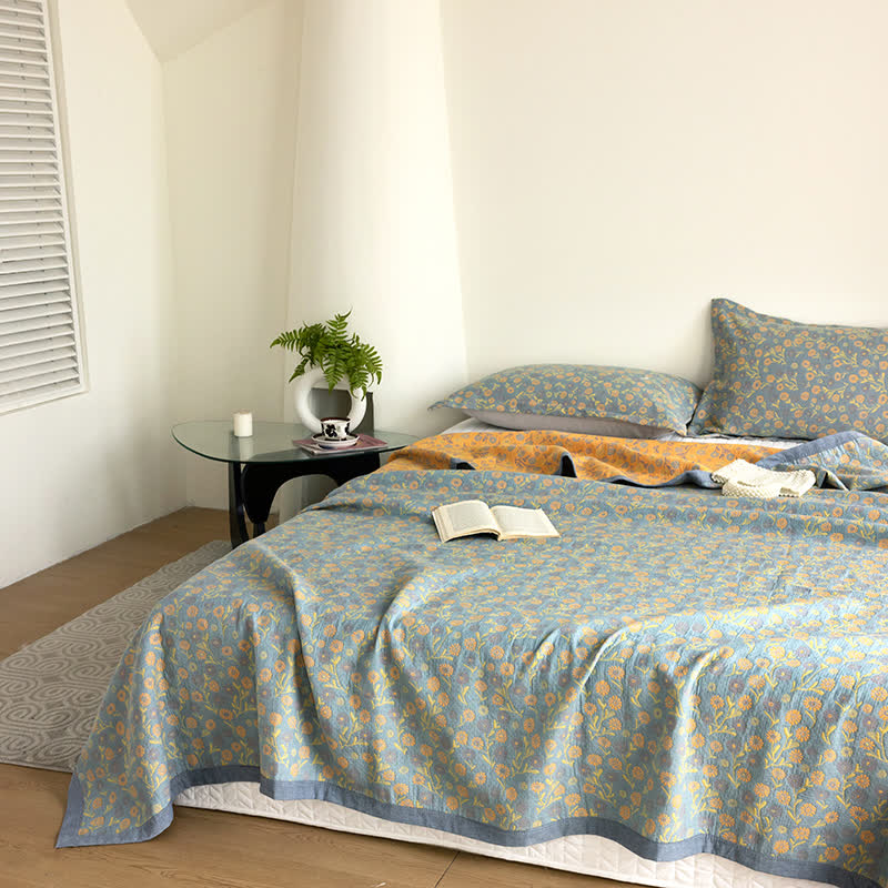 Cotton Floral Quilt Set | Soft Gauze | Includes 1 Quilt + 2 Pillowcases